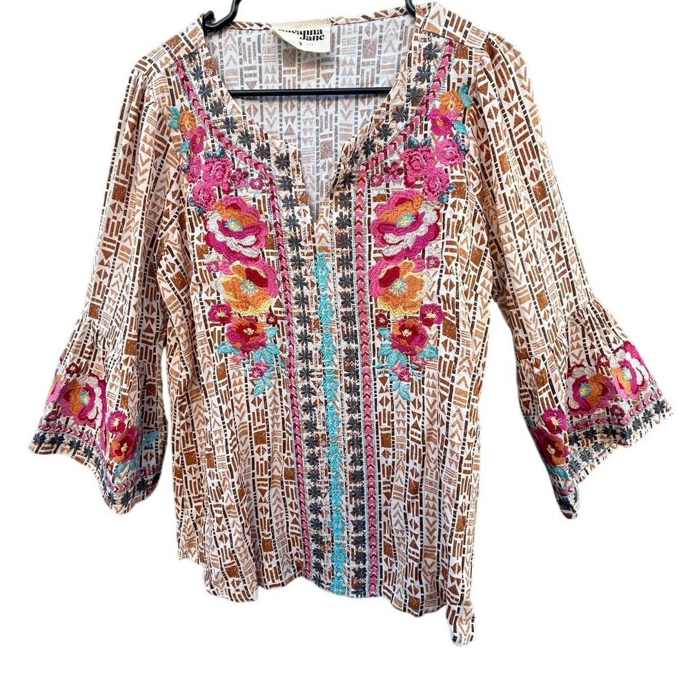 Savanna Jane Embroidered Boho Blouse Floral Bell Sleeve Top Size Small